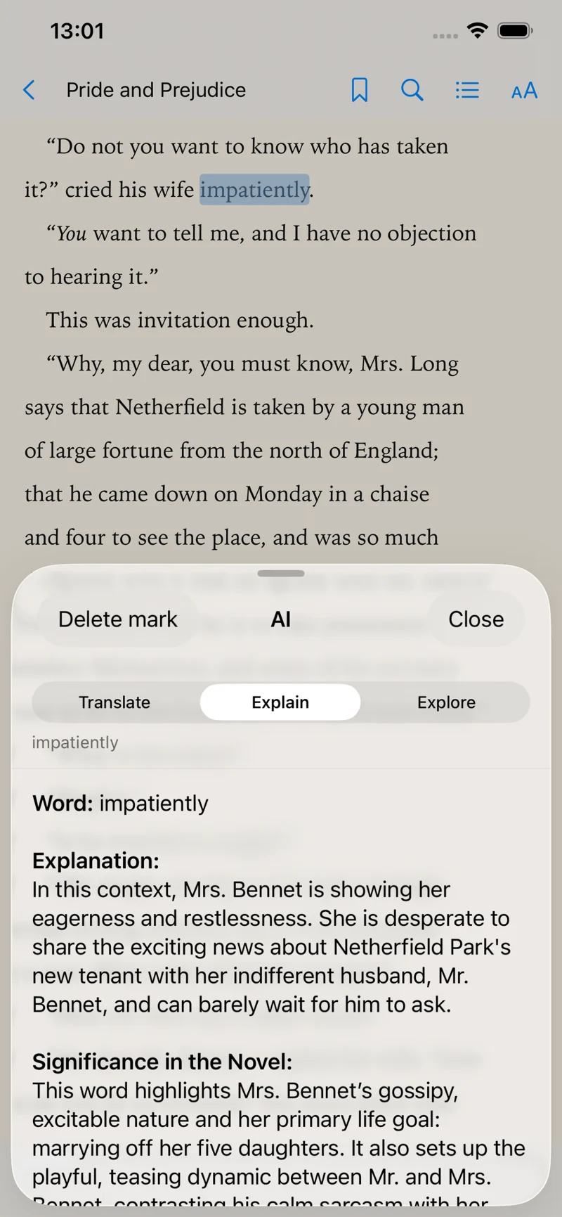 BeyondRead actual app screenshot — AI Explain · Understand a passage