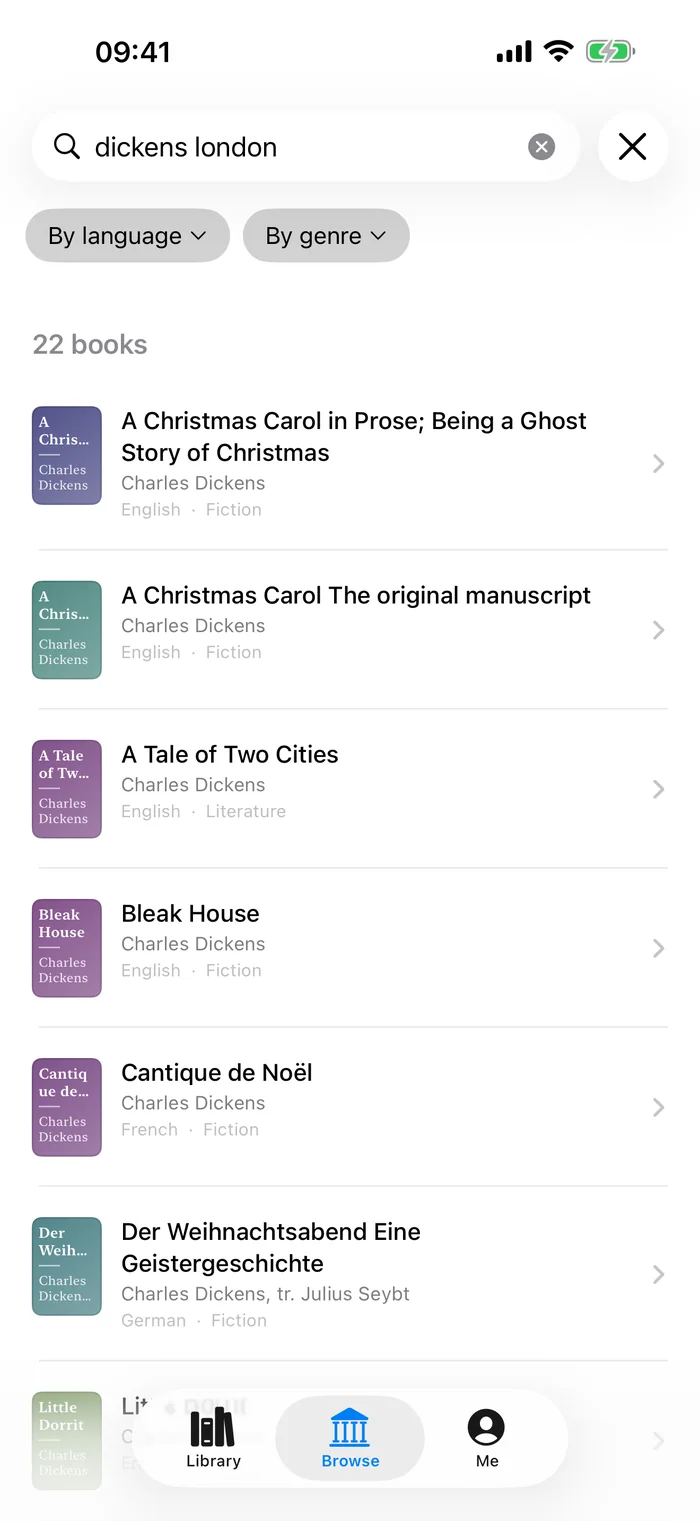 BeyondRead actual app screenshot — Search results for “dickens london”